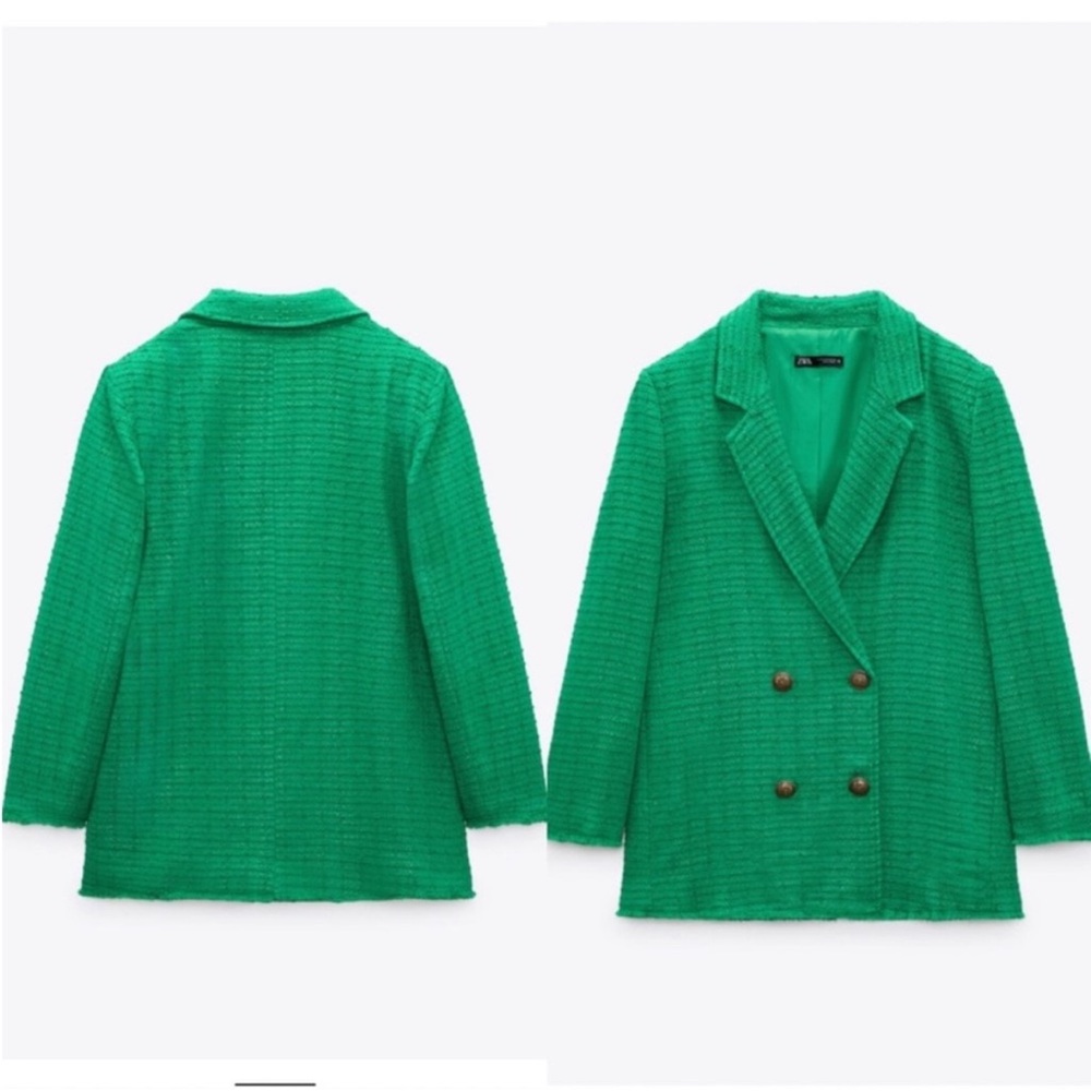 Zara Textured Double Breasted Blazer Tweed Longline Fall Boho Green Sz Large NWT - Picture 3 of 11